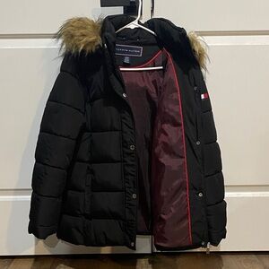 Tommy Hilfiger Black Puffer Coat with Faux Fur Hood
